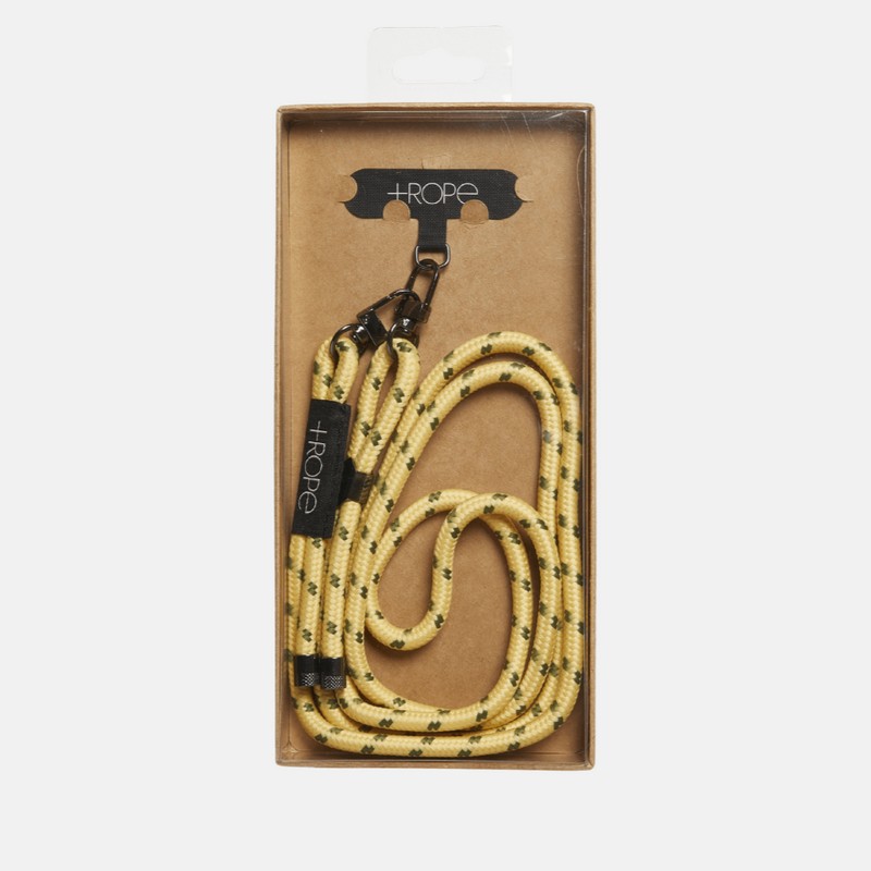 Portacellulare da collo in cotone color crema con moschettoni e finiture metalliche